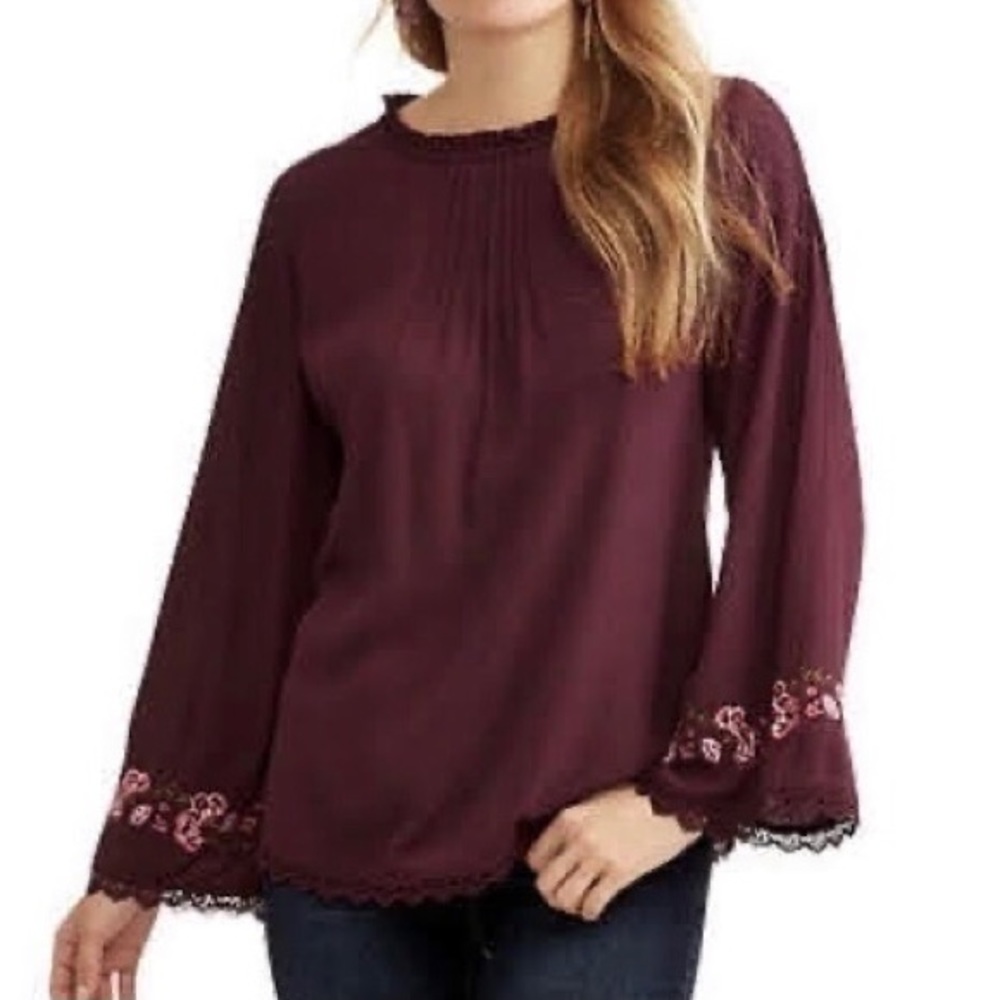 Embroidered Peasant Top, Burgundy